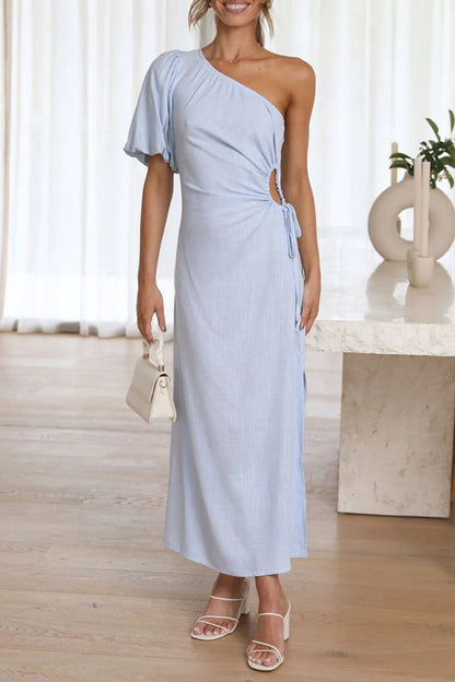 Celebrities Elegant Solid Fold Asymmetrical Oblique Collar A Line Dresses Light Blue