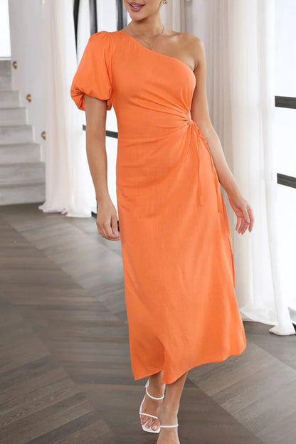 Celebrities Elegant Solid Fold Asymmetrical Oblique Collar A Line Dresses Orange