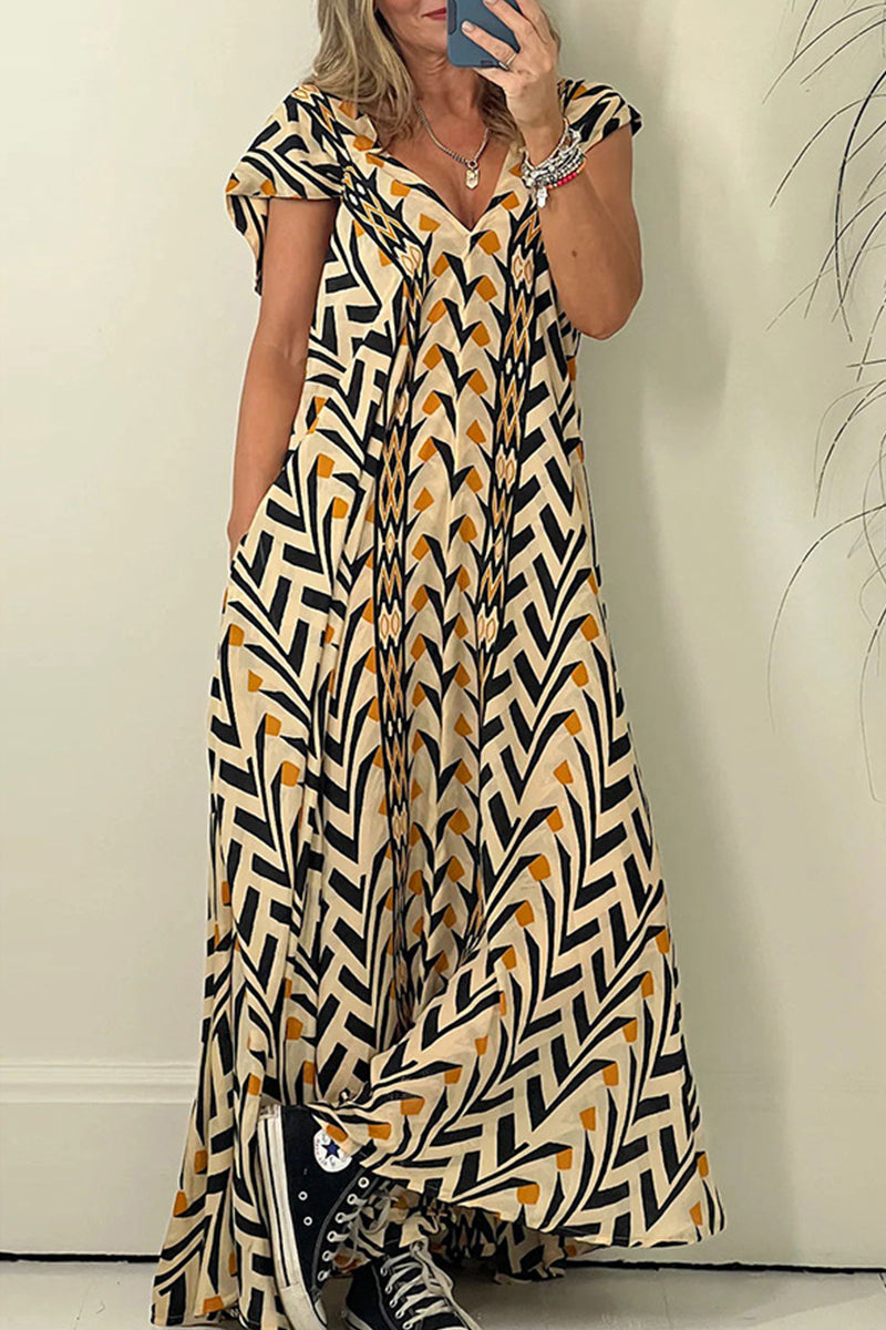 Bohemian Vintage Geometric Pocket Printing V Neck Printed Dress Dresses Yellow