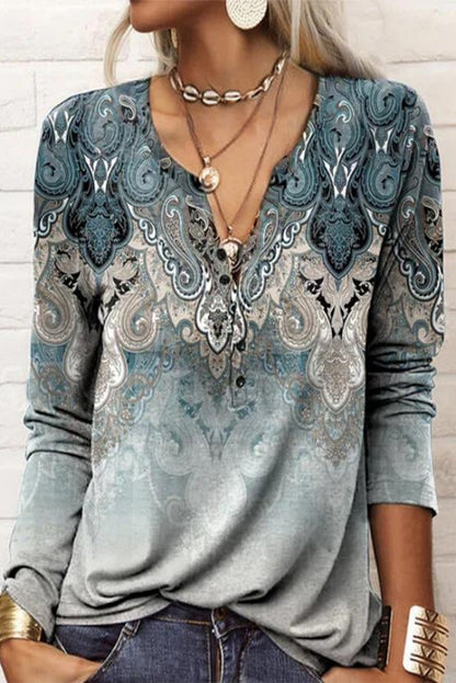 Casual Print V Neck Tops Navy