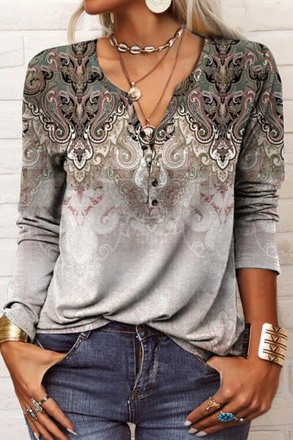 Casual Print V Neck Tops Khaki