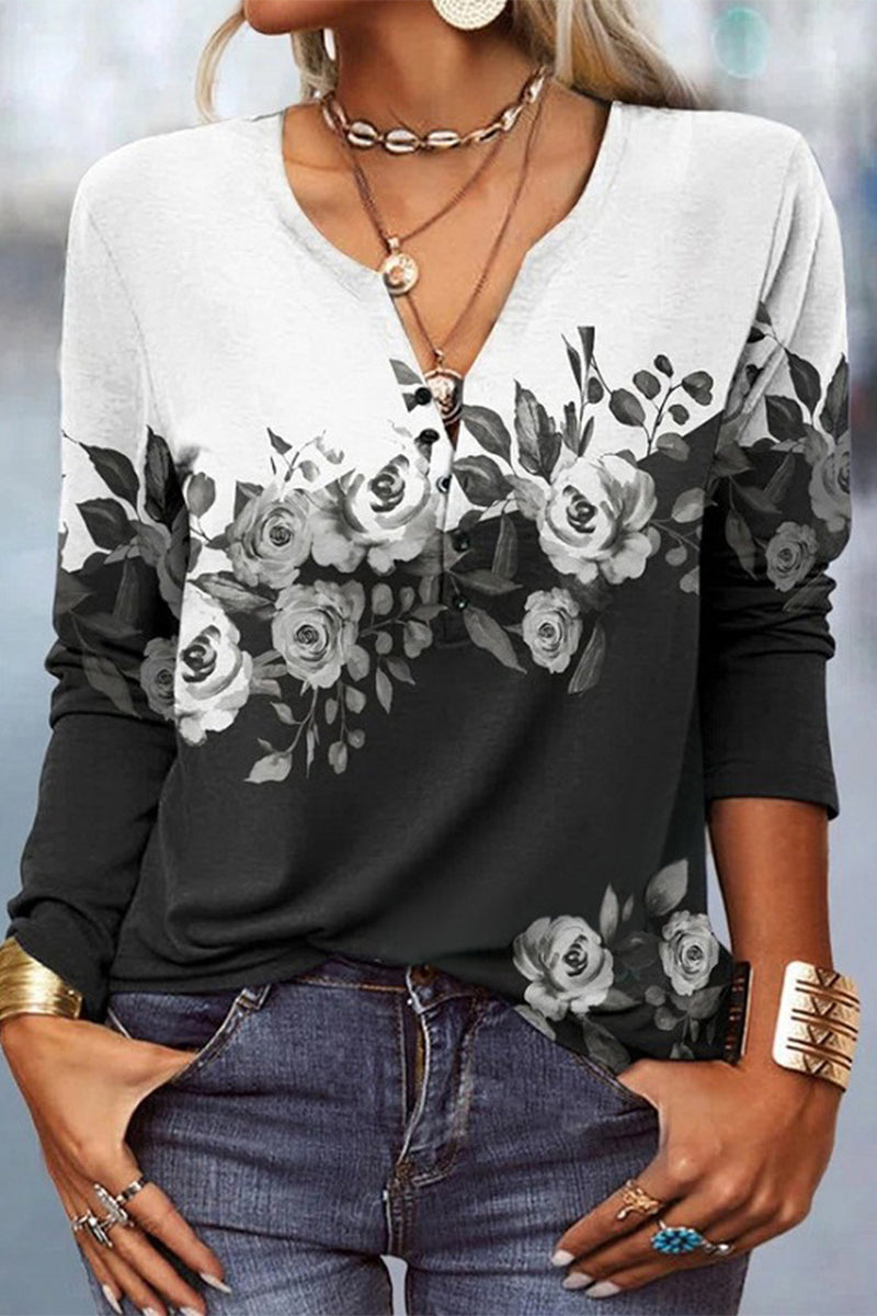 Casual Print V Neck Tops Black