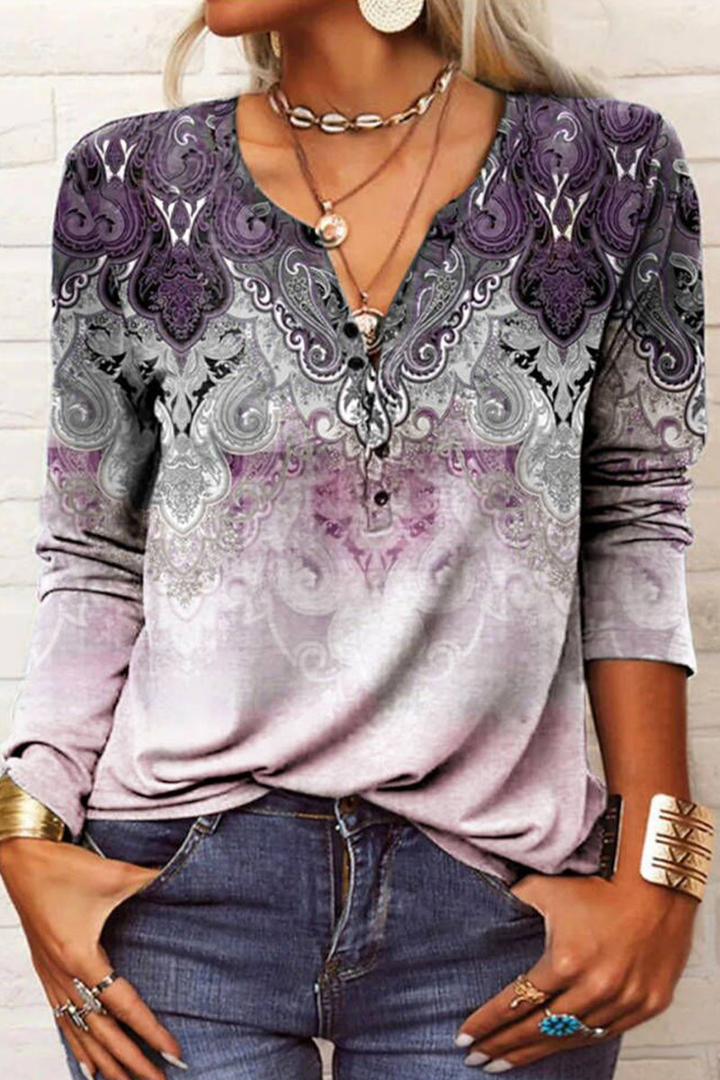 Casual Print V Neck Tops Pink