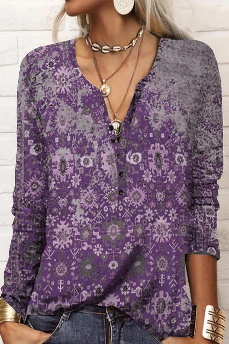 Casual Print V Neck Tops Dark Purple