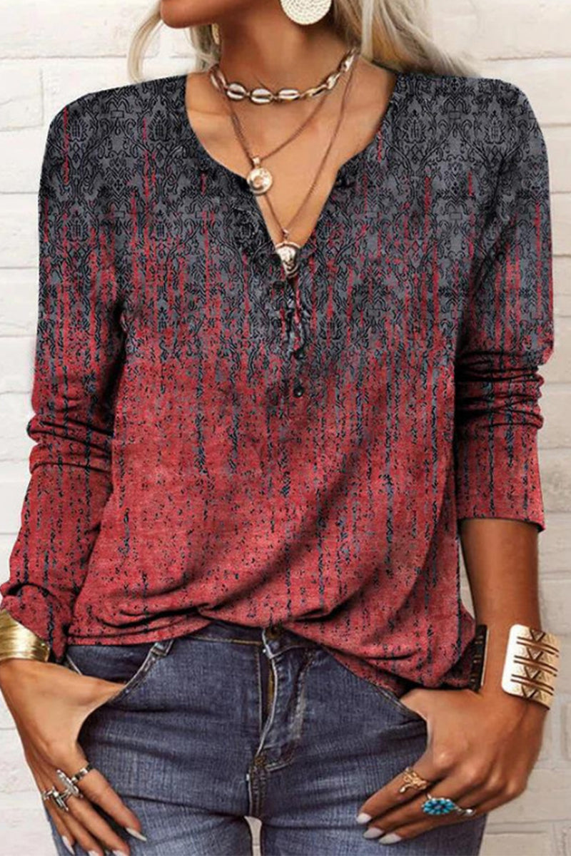 Casual Print V Neck Tops Burgundy