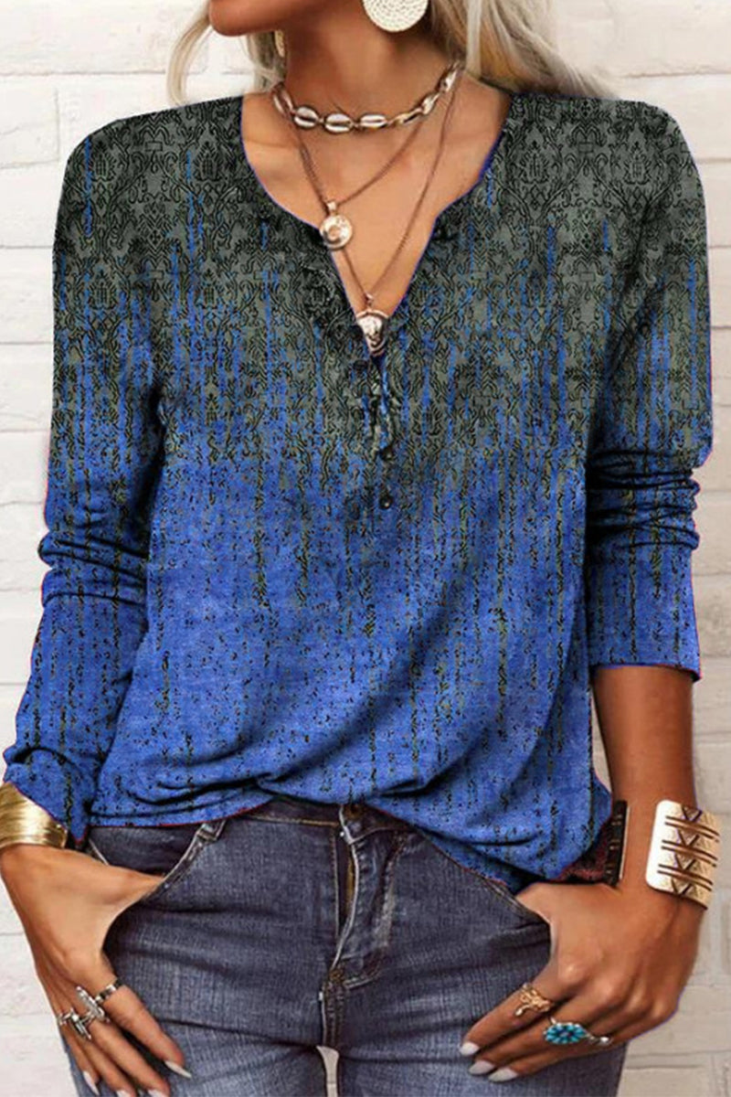 Casual Print V Neck Tops Blue