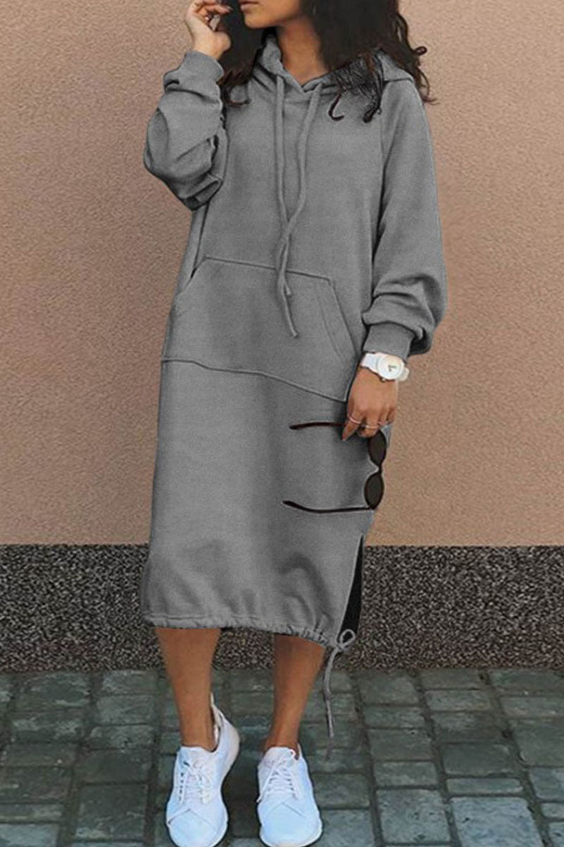 Casual Solid Patchwork Hooded Collar Long Sleeve Dresses(7 Colors) Light Gray