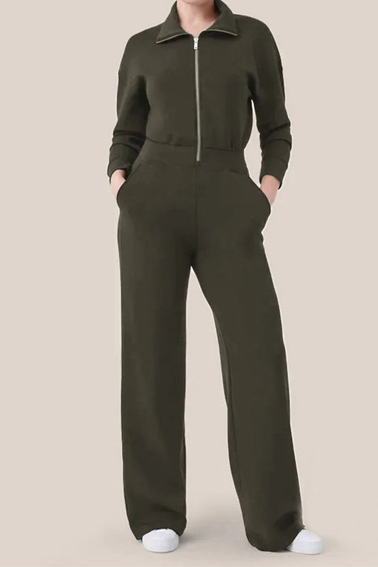 Casual Simplicity Solid Pocket Zipper Turndown Collar Jumpsuits Army Green