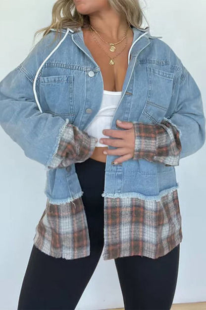 Casual Plaid Draw String Turndown Collar Outerwear The cowboy blue