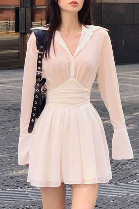 Sweet Elegant Solid Buckle Turndown Collar Waist Skirt Dresses Pink