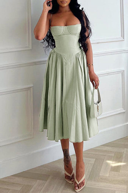 Vintage Elegant Solid Fold Square Collar Sling Dress Dresses