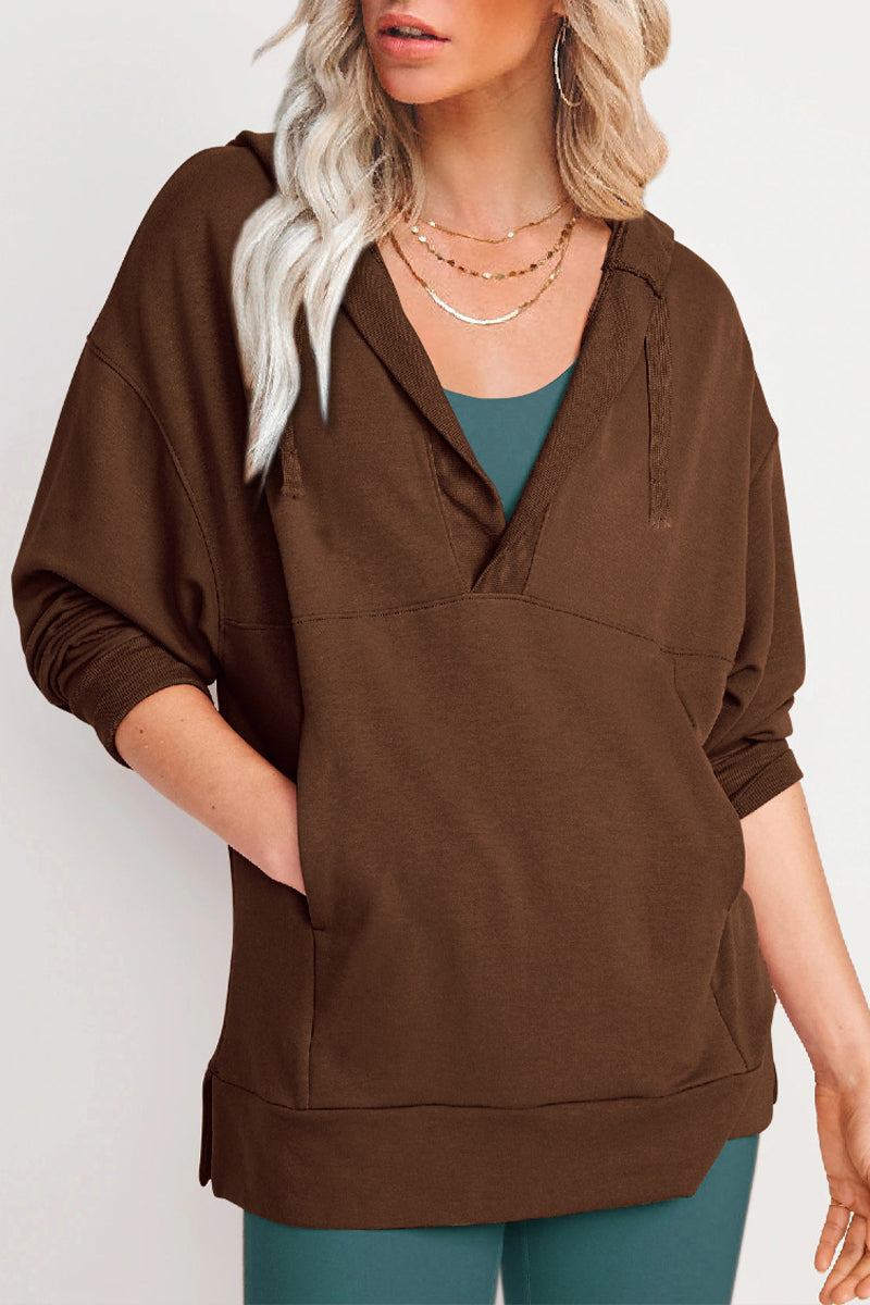 Casual Solid Pocket V Neck Tops Coffee