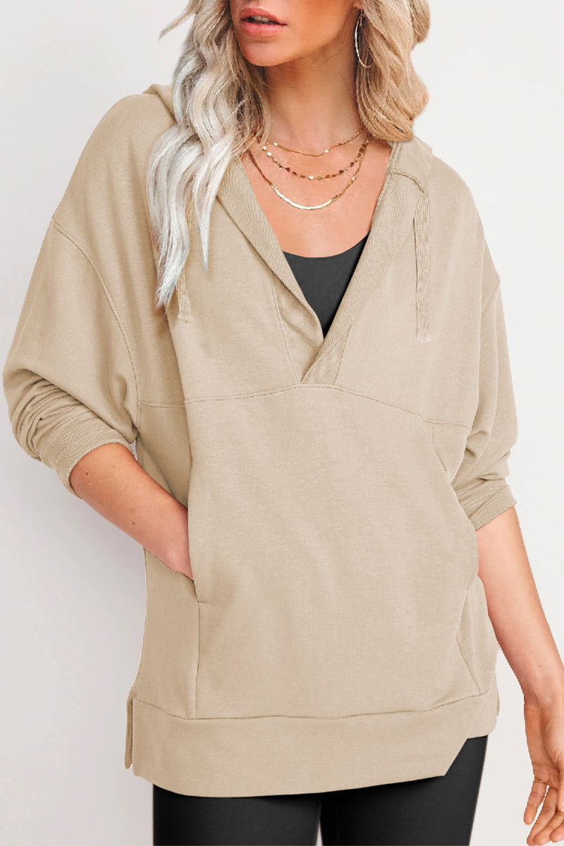 Casual Solid Pocket V Neck Tops Apricot