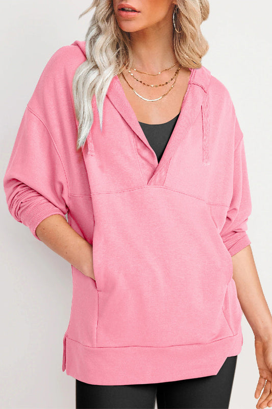 Casual Solid Pocket V Neck Tops Pink