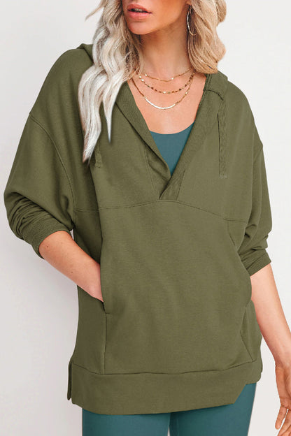 Casual Solid Pocket V Neck Tops Army Green