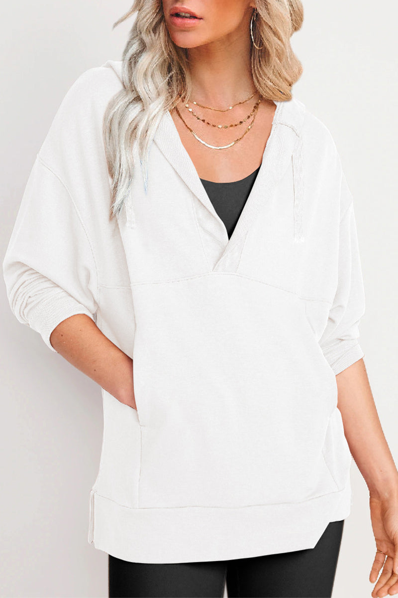 Casual Solid Pocket V Neck Tops Cream White