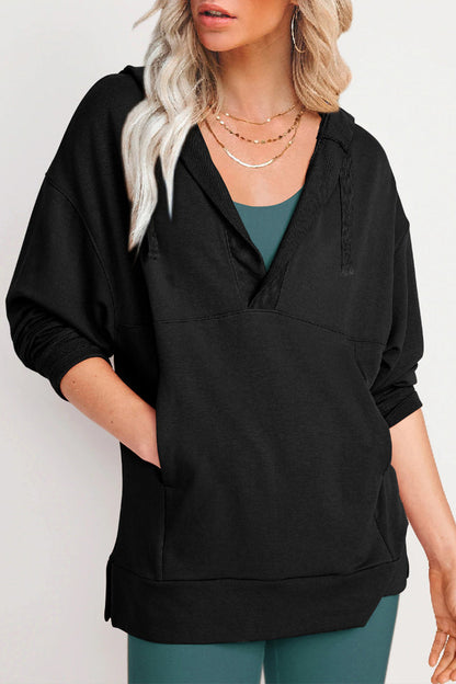 Casual Solid Pocket V Neck Tops Black