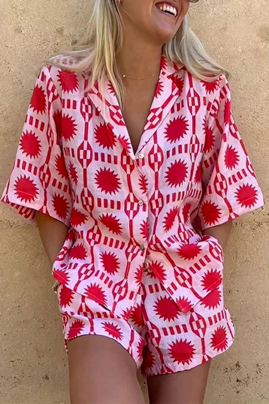 Casual Vacation Print Pocket Turndown Collar Short Sleeve Two Pieces Red