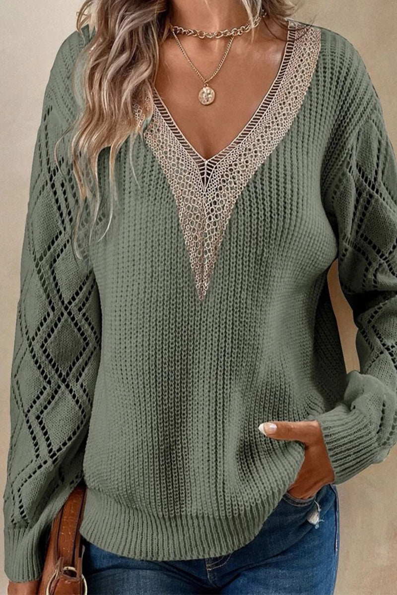 Casual Simplicity Solid Lace V Neck Tops Olive Green