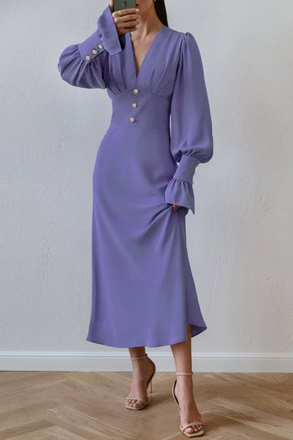 Elegant Simplicity Solid Buttons V Neck A Line Dresses Purple