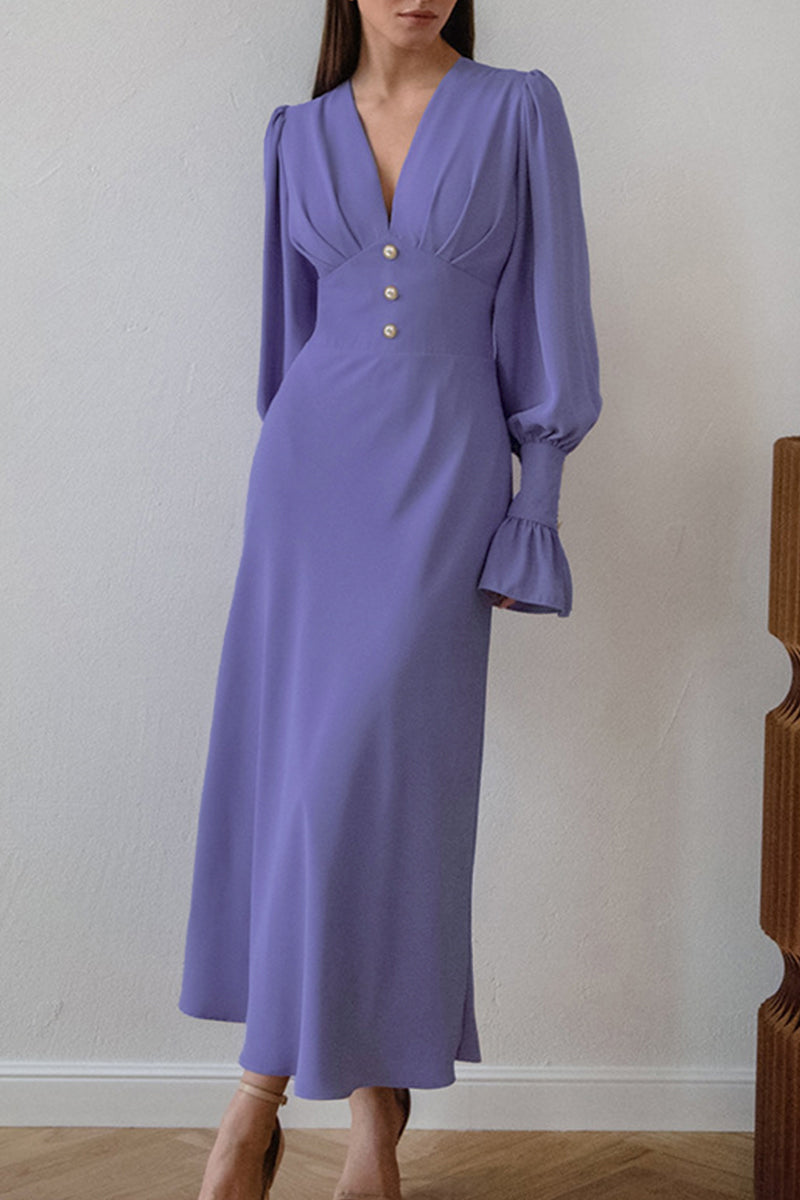 Elegant Simplicity Solid Buttons V Neck A Line Dresses