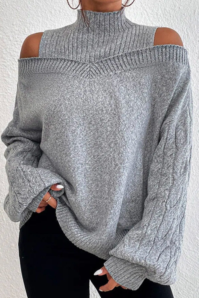 Casual Solid Hollowed Out Patchwork Turtleneck Tops