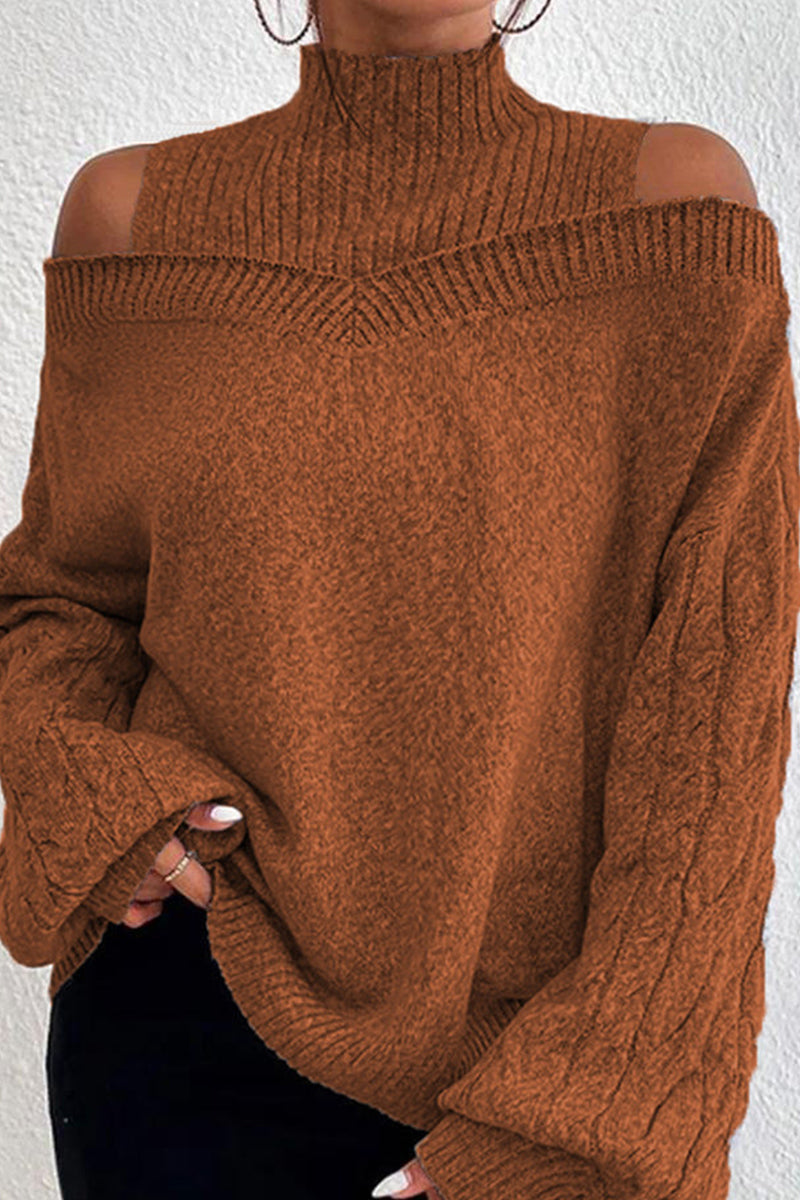 Casual Solid Hollowed Out Patchwork Turtleneck Tops