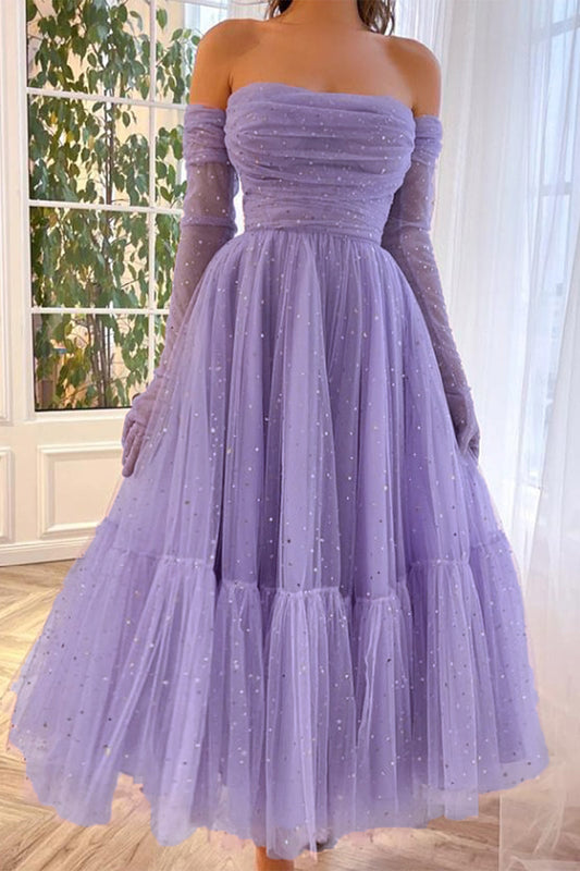 Elegant Solid Backless Sequined Off the Shoulder Princess Dresses Purple