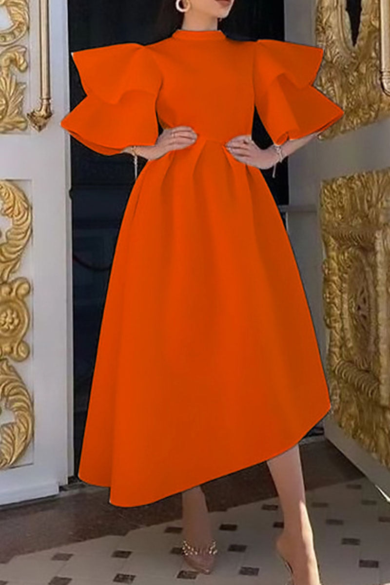 Casual Solid Patchwork Half A Turtleneck Irregular Dress Plus Size Dresses Orange