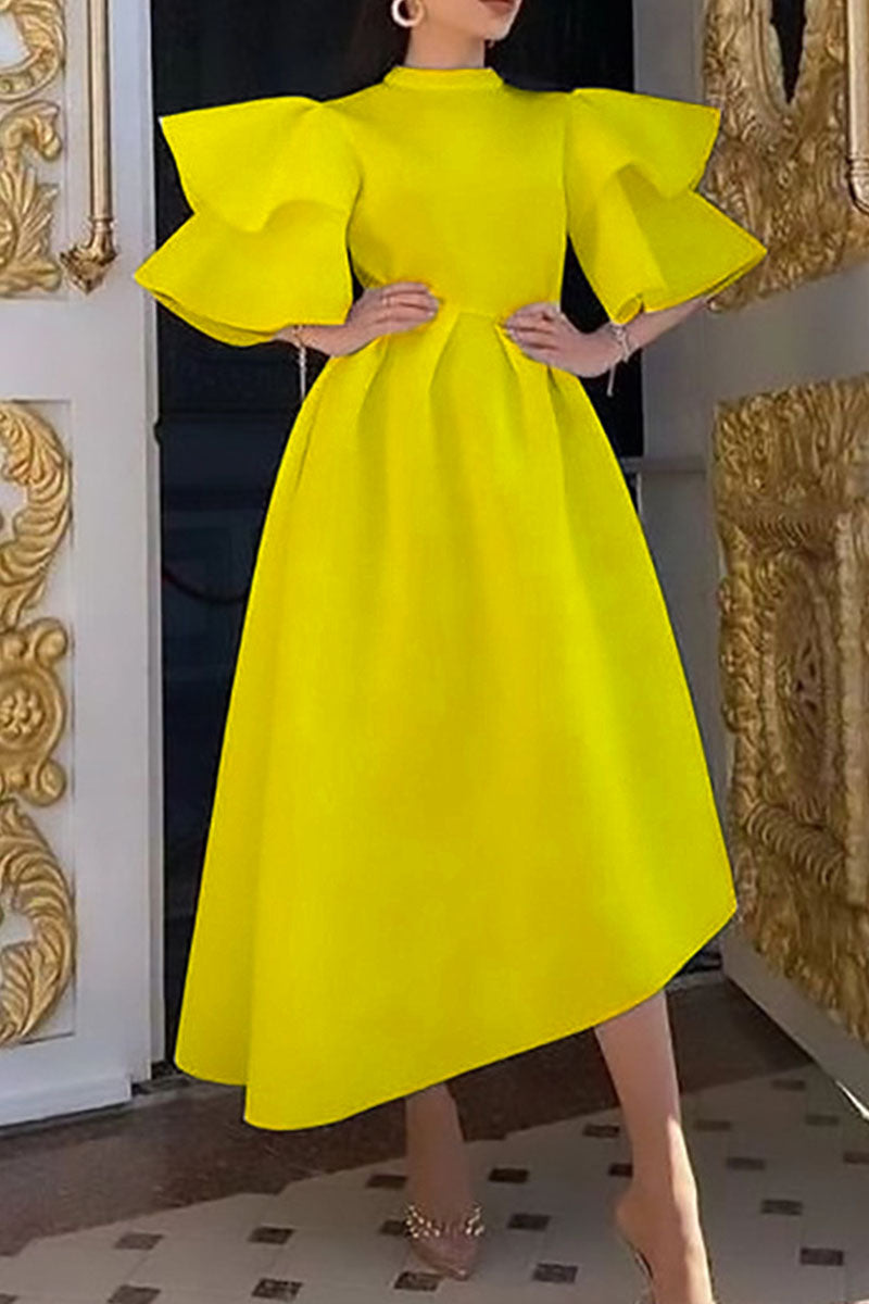 Casual Solid Patchwork Half A Turtleneck Irregular Dress Plus Size Dresses Yellow