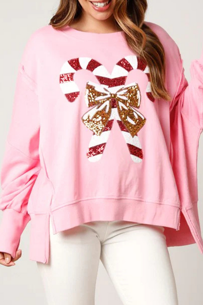 Casual Solid Sequins Printing O Neck Tops Pink