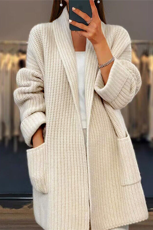 Casual Simplicity Solid Pocket Weave Cardigan Collar Outerwear Cream White