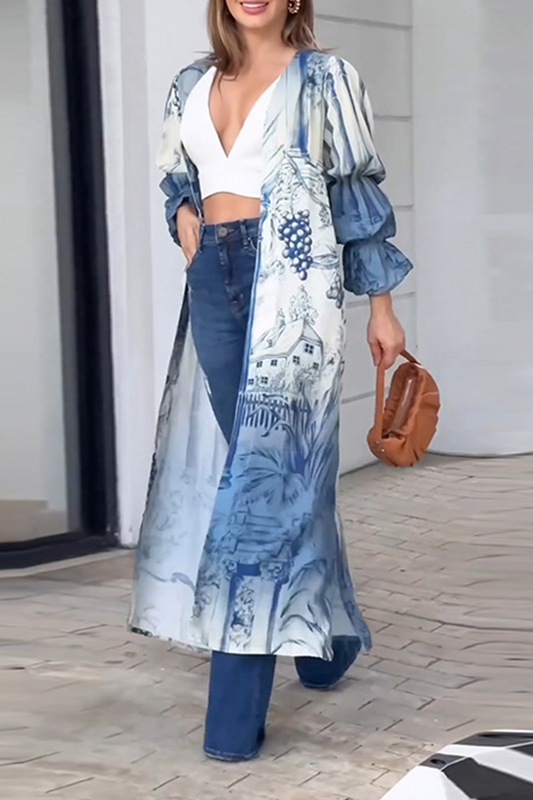 Casual Floral Slit Cardigan Collar Tops Blue