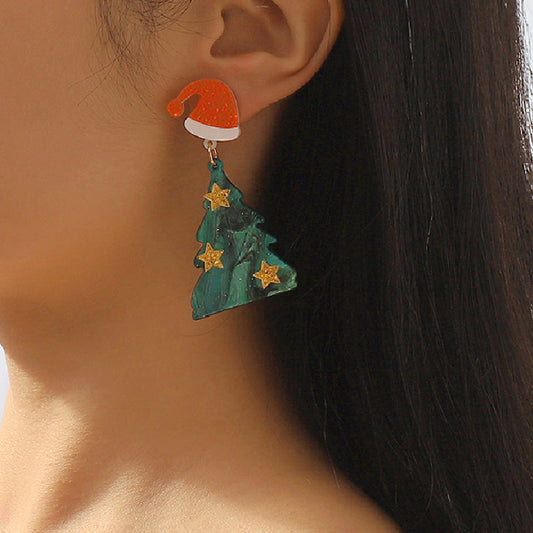 Casual Christmas Tree Patchwork Earrings Green One Size