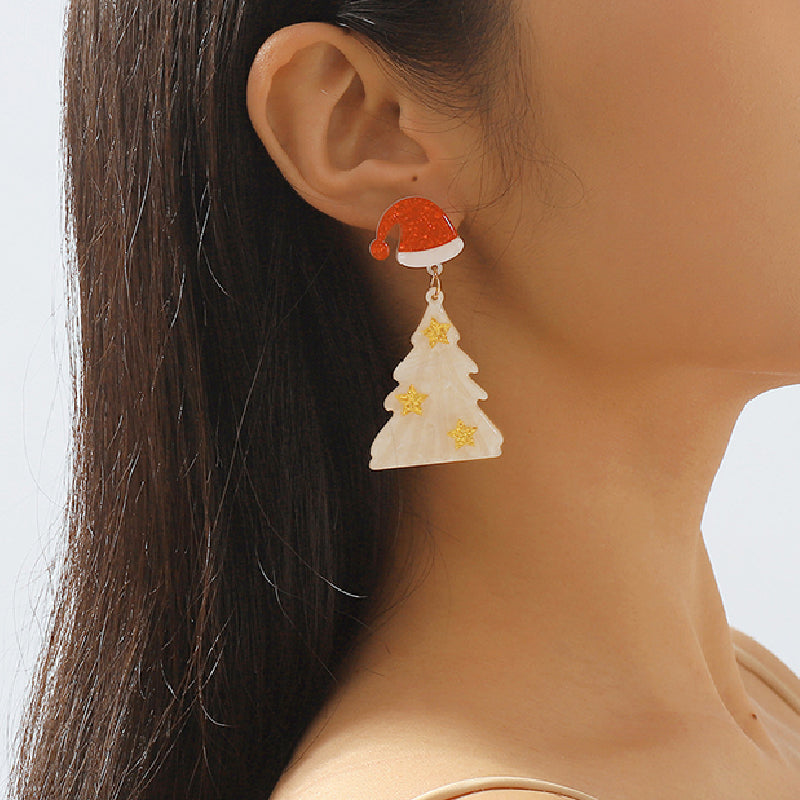 Casual Christmas Tree Patchwork Earrings White One Size