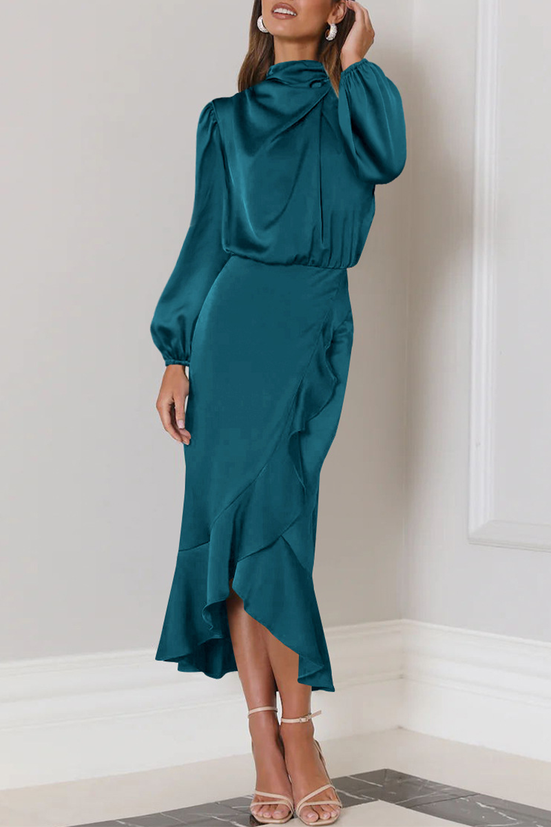 Elegant Solid Flounce Fold Turtleneck Evening Dress Dresses Lake Blue