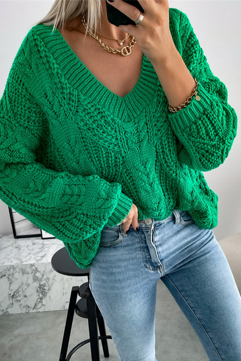 Elegant Solid Hollowed Out Weave V Neck Tops Green