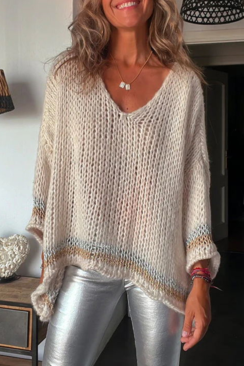 Casual Solid Tassel Contrast V Neck Tops Apricot