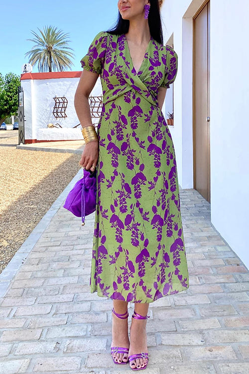 Margovil Cross V Neck Balloon Sleeves Printed Midi Dress