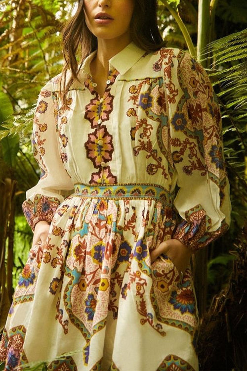 Margovil Lantern Sleeves Button Up Waisted Bohemia Print Mini Dress