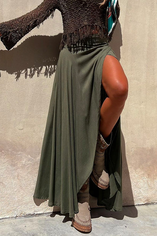 Irregular High Slit Wrap Maxi Swing Skirt