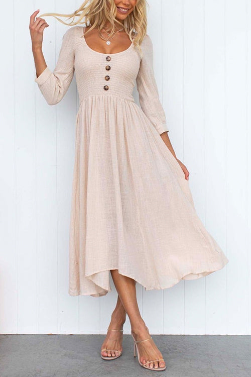 Scoop Neck Buttons Waisted Swing Midi Dress