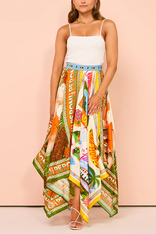 Margovil Asymmetric Hem Resort Print Maxi Skirt