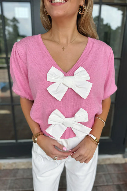 Margovil V Neck Short Sleeves Bow Knot Knit Top