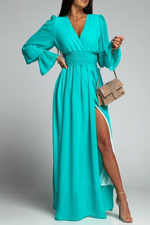 Margovil V Neck Long Sleeve Smocked Waist Maxi Slit Dress