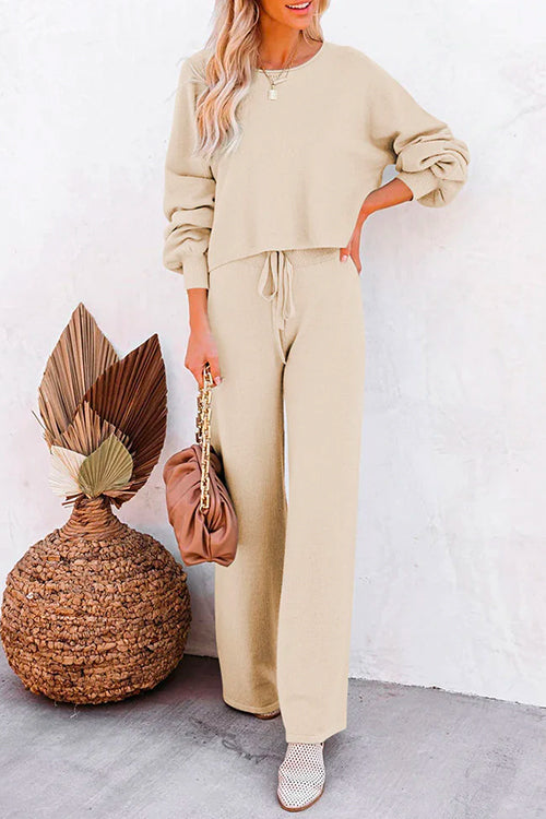 Margovil Round Neck Pullover Drawstring Waist Wide Leg Pants Loungewear Set