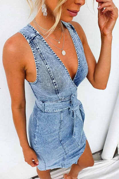 Sleeveless Wrap V Neck Knot Waist Slit Bodycon Denim Dress