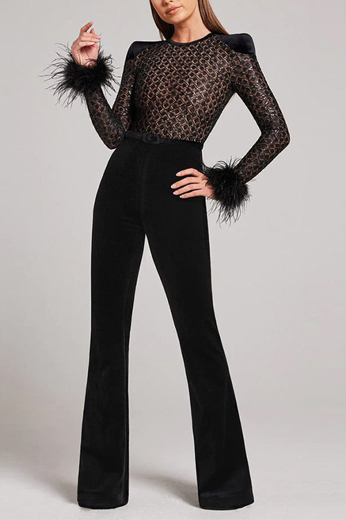 Margovil Feather Cuffs Bell Bottom Velvet Splice Jumpsuit