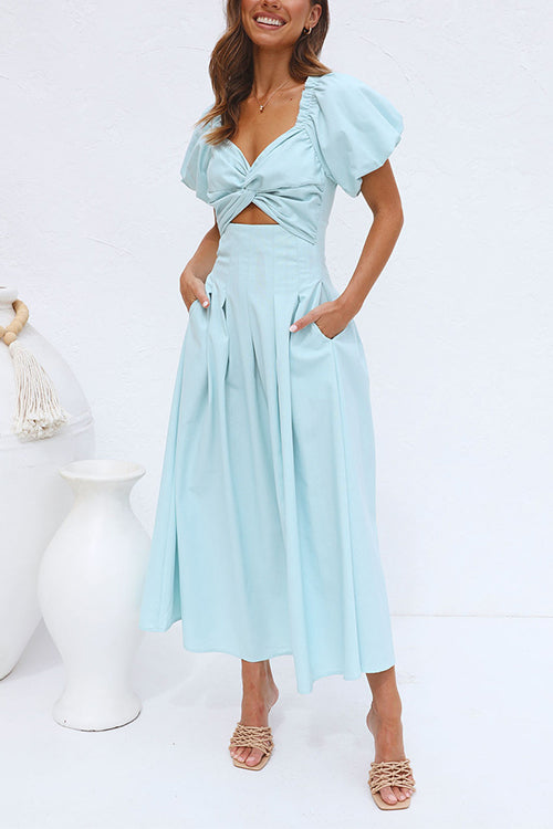 Margovil Twist Front Puff Sleeves Cut Out Pocketed Maxi Dress