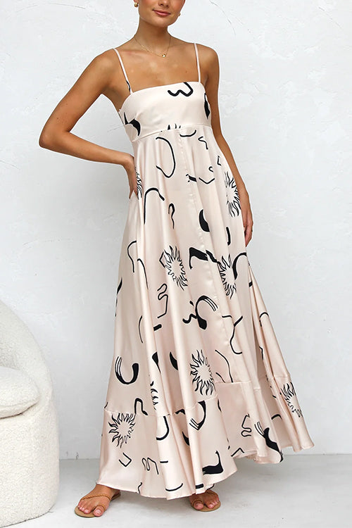 Margovil High Waist Graffiti Print Ruffle Swing Maxi Cami Dress